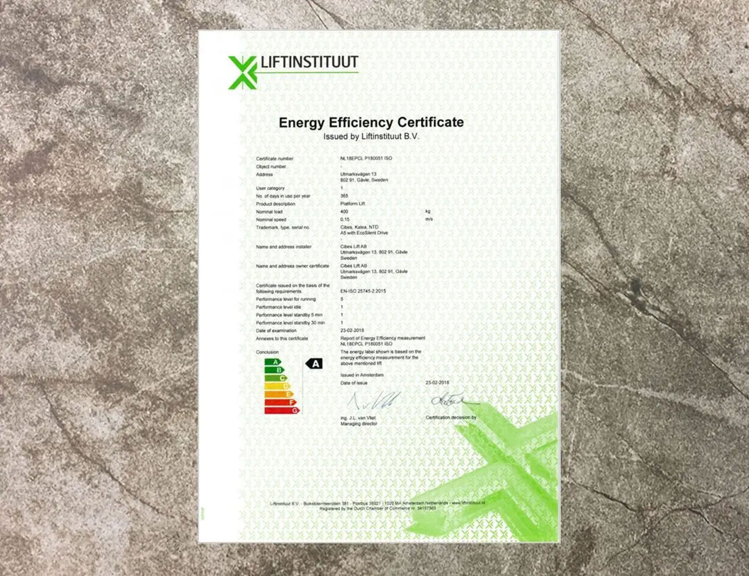 ใบรับรองจาก Liftinstituut ว่าเทคโนโลยี EcoSilent ของ Cibes ประหยัดพลังงานในระดับ Energy Label A