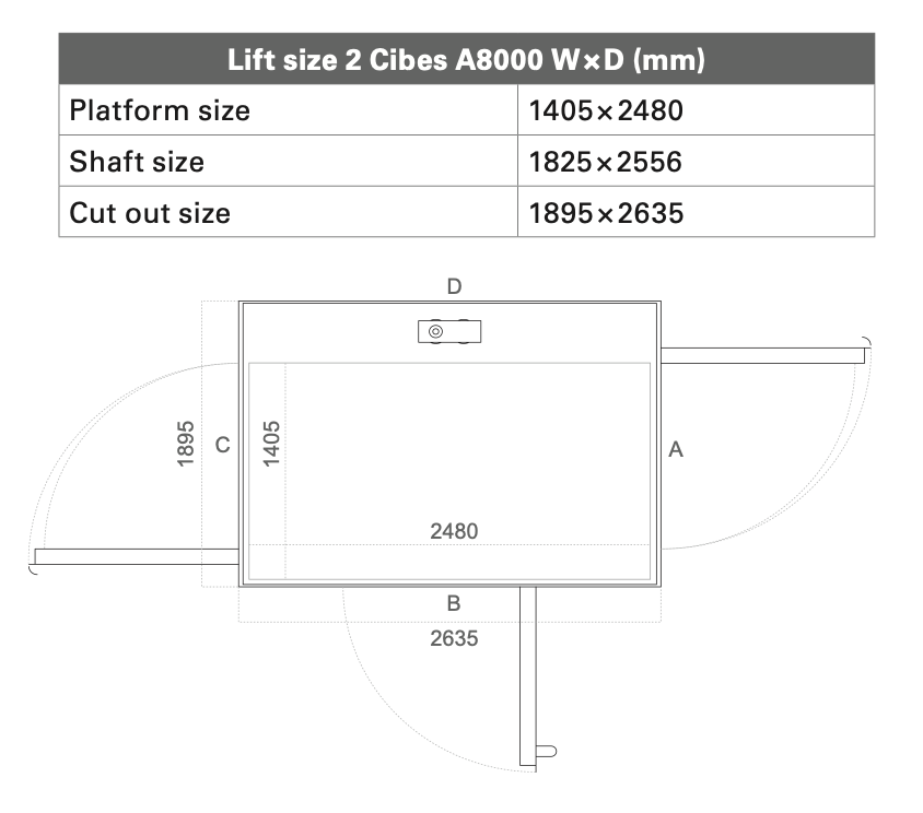 Cibes Lift Extra size 2 model a8000 with dimensions and shaft cutour