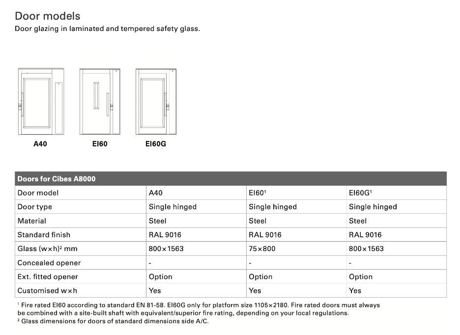 cibes lift extra size model a8000 door models fire rated tempered laminated glass